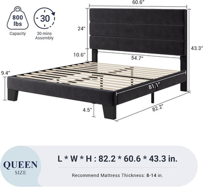 Black Velvet Queen Platform Bed Easy Assembly No Box Spring