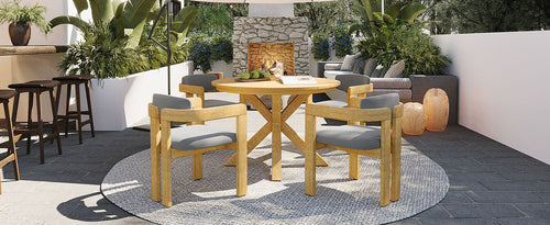 5-Piece Outdoor Acacia Wood Round Dining Set, Solid Wood Patio Table