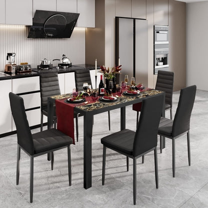 Glass Dining Table Set For 6 With PU Leather Chairs 7 Piece