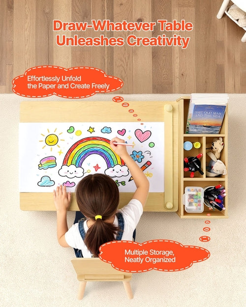 Kids Art Table And Chair Set, Toddler Craft Table With 3 Tiers Storage