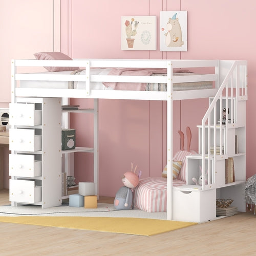 Twin size Loft Bed with Storage Drawers and Stairs, Wooden Loft Bed