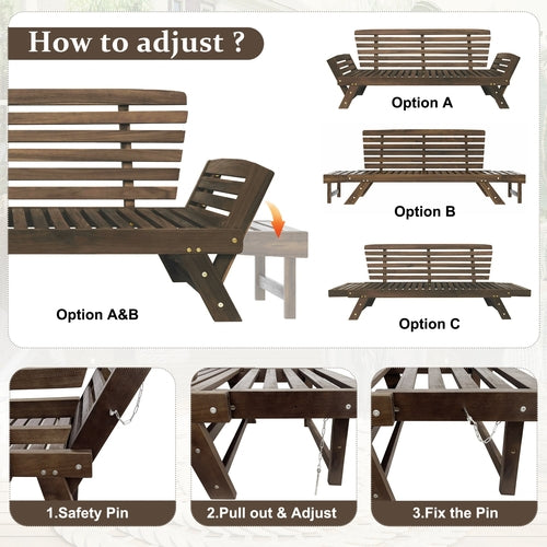Outdoor Adjustable Patio Wooden Daybed Sofa Chaise Lounge with