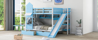Full-Over-Full Castle Style Bunk Bed with 2 Drawers, 3 Shelves and