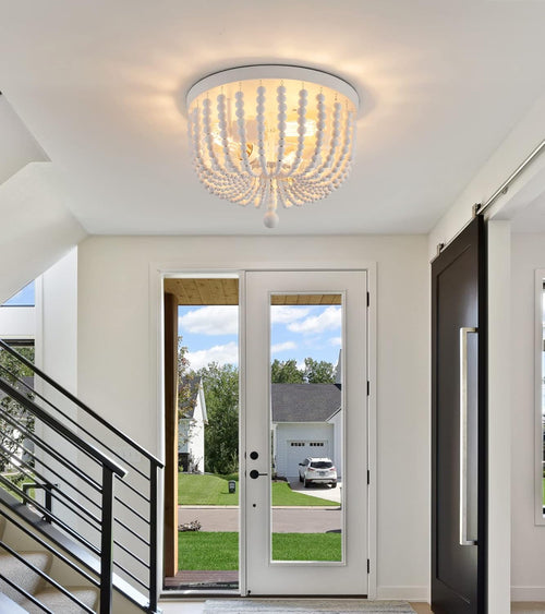 White Boho Beaded Flush Mount Ceiling Light 3 Lights