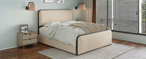 Modern Metal Bed Frame with Upholstered Curved Headboard and