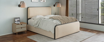 Modern Metal Bed Frame with Upholstered Curved Headboard and