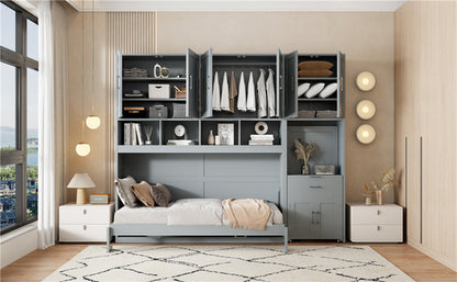 Twin Size Murphy Bed Wall Bed with Closet , Drawers & Desk-Gray