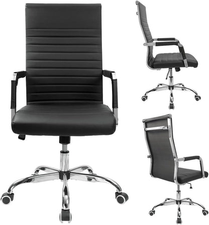Ribbed Mid Back PU Leather Desk Chair Adjustable Black