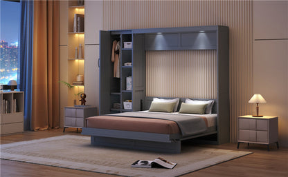 Queen Size Murphy Bed Wall Bed with Shelves, Wardrobe and LED Lights