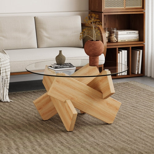 Modern Round Glass Coffee Table – 33.4" Tempered Glass Top with MDF