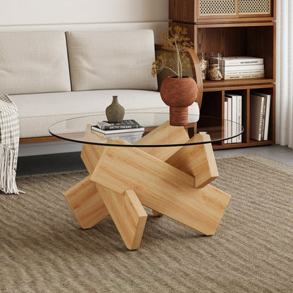Modern Round Glass Coffee Table – 33.4" Tempered Glass Top with MDF