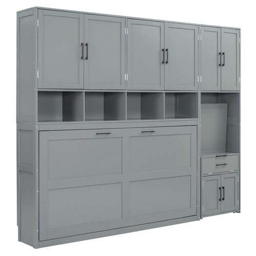 Twin Size Murphy Bed Wall Bed with Closet , Drawers & Desk-Gray