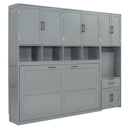Twin Size Murphy Bed Wall Bed with Closet , Drawers & Desk-Gray
