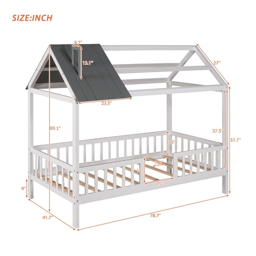 Twin Size Wood House Bed with Fence,White+Gray