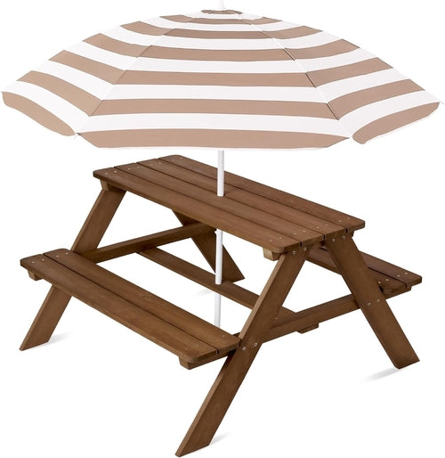 Walnut Wooden Kids Picnic Table With Adjustable Umbrella