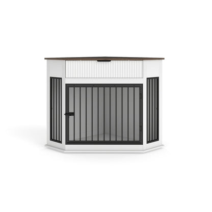 44.6" Corner Dog Crate Furniture with Fluted Drawer – MDF Wooden Dog