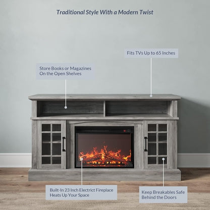 Traditional 58" Rustic TV Stand with 23" Electric Fireplace Heater