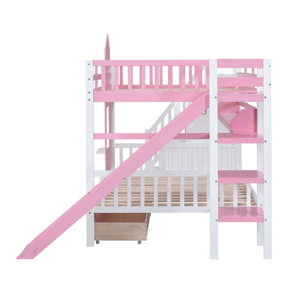Full-Over-Full Castle Style Bunk Bed with 2 Drawers, 3 Shelves and