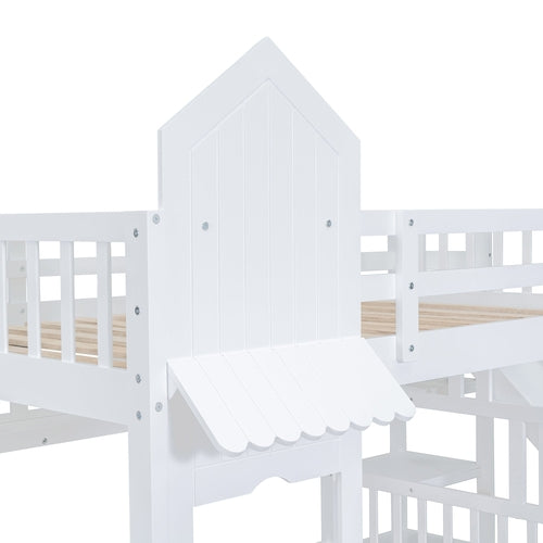 Full-Over-Full Castle Style Bunk Bed with 2 Drawers, 3 Shelves and