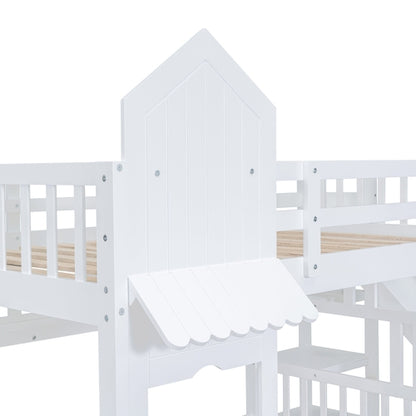 Full-Over-Full Castle Style Bunk Bed with 2 Drawers, 3 Shelves and