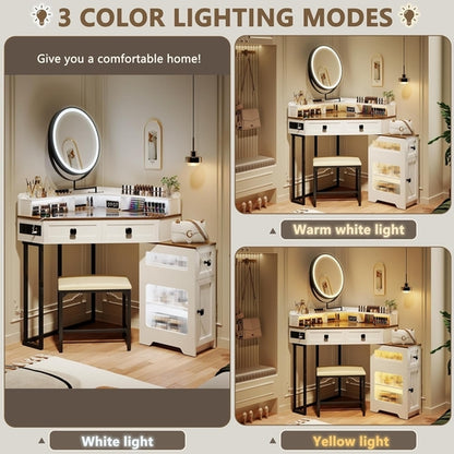 White Corner Vanity Mirror With Built In Charging Station