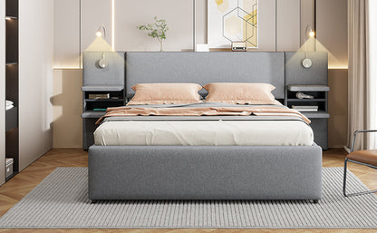 Queen Size Upholstered Platform Bed with Reading Lights, Drawers,