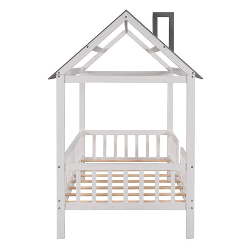 Twin Size Wood House Bed with Fence,White+Gray