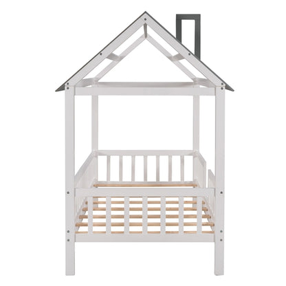 Twin Size Wood House Bed with Fence,White+Gray