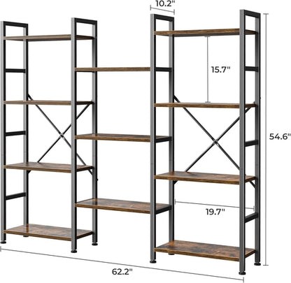 Triple 4 Tier Bookshelf, Bookcase with 11 Open Display Shelves, Wide