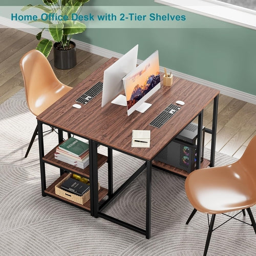 40 Inch Computer Desk With 2 Shelves Brown Sturdy Home Office Gaming