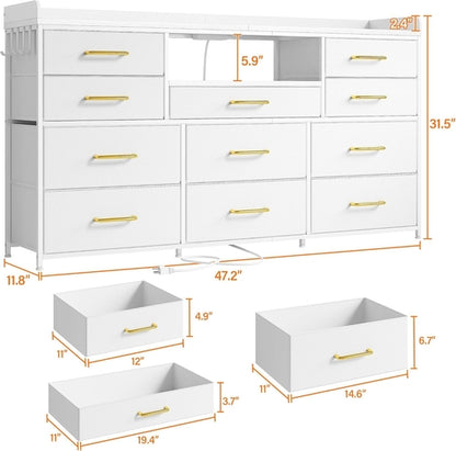 White Dresser TV Stand 60 Inch With LED And 11 Drawers