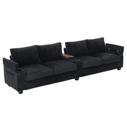 Modern 4-Seater Corduroy Sofa Couch with USB Ports, Hidden Storage and