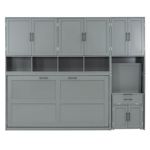 Twin Size Murphy Bed Wall Bed with Closet , Drawers & Desk-Gray