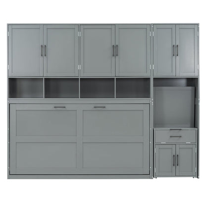 Twin Size Murphy Bed Wall Bed with Closet , Drawers & Desk-Gray