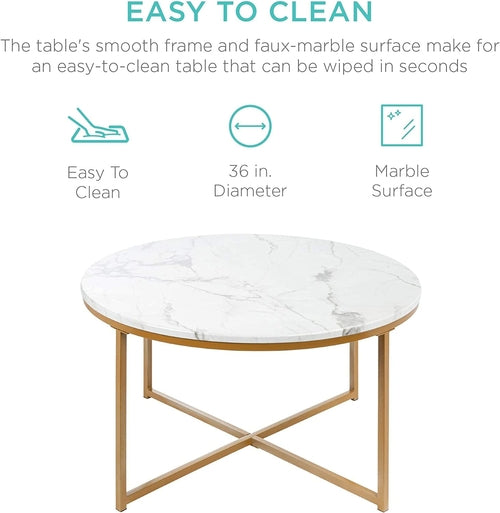 Round Coffee Table With Faux Marble Top Cross Leg Design