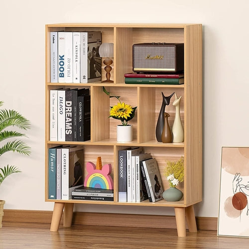 Wooden 7 Cube Bookshelf Natural Finish 3 Tier Freestanding