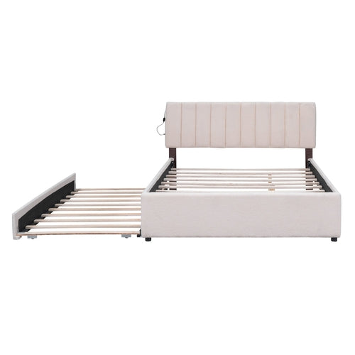 Teddy Fleece Queen Size Upholstered Platform Bed with Twin XL Trundle