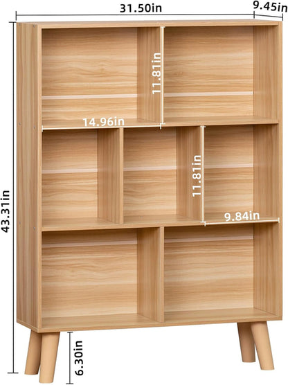 Wooden 7 Cube Bookshelf Natural Finish 3 Tier Freestanding
