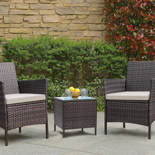 3 Piece PE Rattan Patio Set With Glass Table Brown