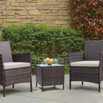 3 Piece PE Rattan Patio Set With Glass Table Brown