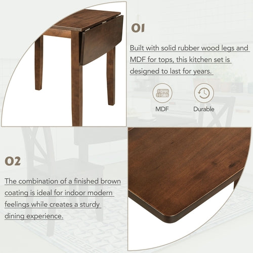 3-Piece Wood Drop Leaf Breakfast Nook Dining Table Set with 2 X-back