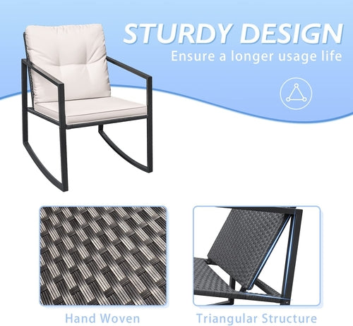 Beige 3 Piece Rocking Wicker Bistro Set With Glass Coffee Table For