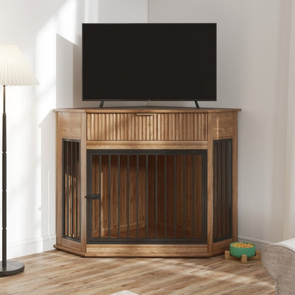 44.6" Corner Dog Crate Furniture with Fluted Drawer – MDF Wooden Dog