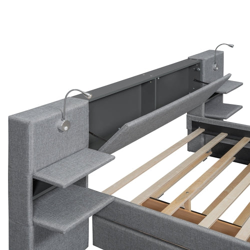 Queen Size Upholstered Platform Bed with Reading Lights, Drawers,