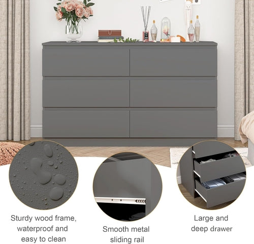 Grey 6 Drawer Dresser for Bedroom Modern Wood Storage