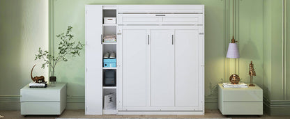 Queen Size Murphy Bed Wall Bed with Shelves, Wardrobe and LED Lights