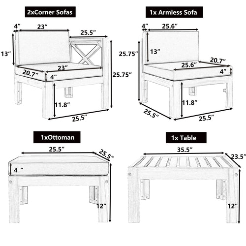 Outdoor Backyard Patio Wood 5-Piece Sectional Sofa Seating Group Set
