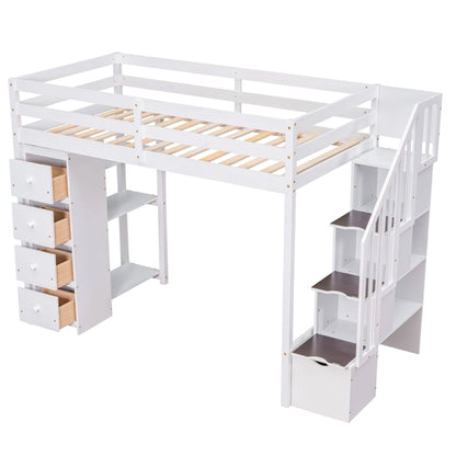 Twin size Loft Bed with Storage Drawers and Stairs, Wooden Loft Bed