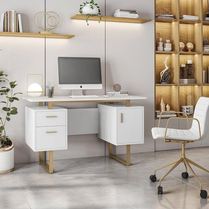 51 Inch White And Gold Desk With Storage Cabinet Drawers