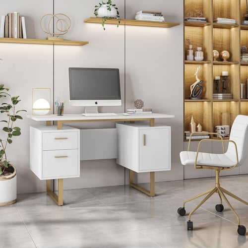 51 Inch White And Gold Desk With Storage Cabinet Drawers